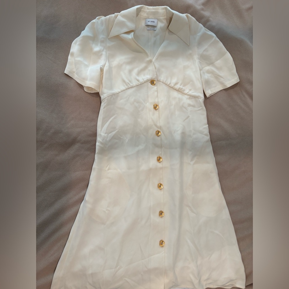 ST. JOHN Silk Midi A-Line Dress, Size 12, Beige/Cream